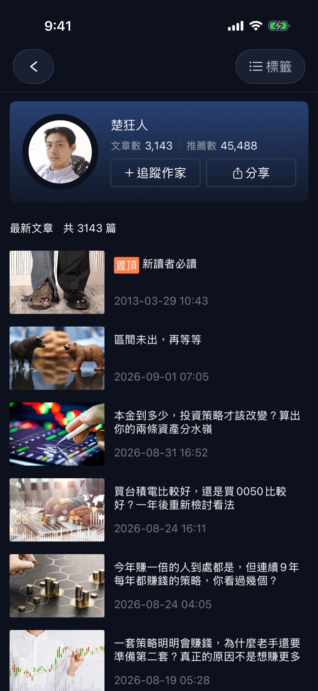 作家專頁:文章數、推薦數、追蹤作家
