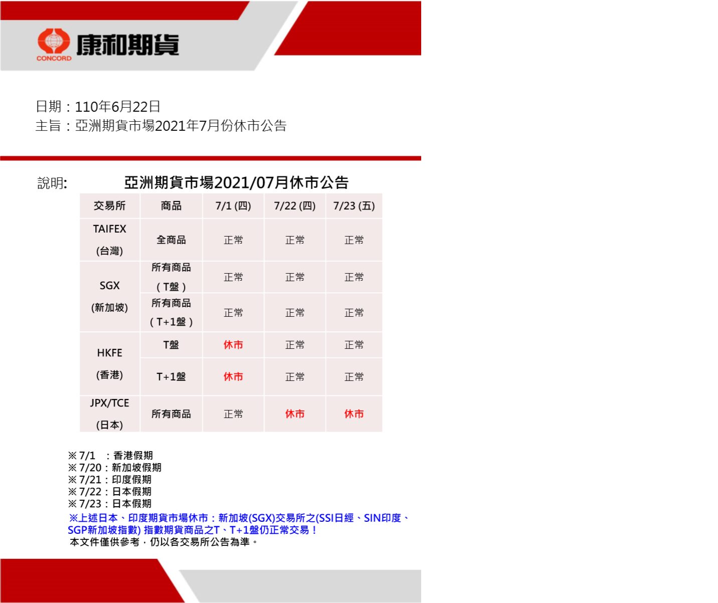 2021年亞洲期貨市場7月份休市公告康和期貨佩君